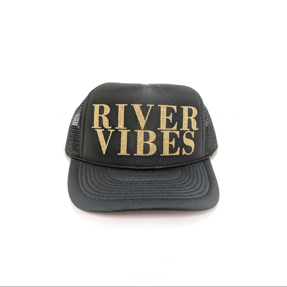 River Vibes gold glitter black trucker hat